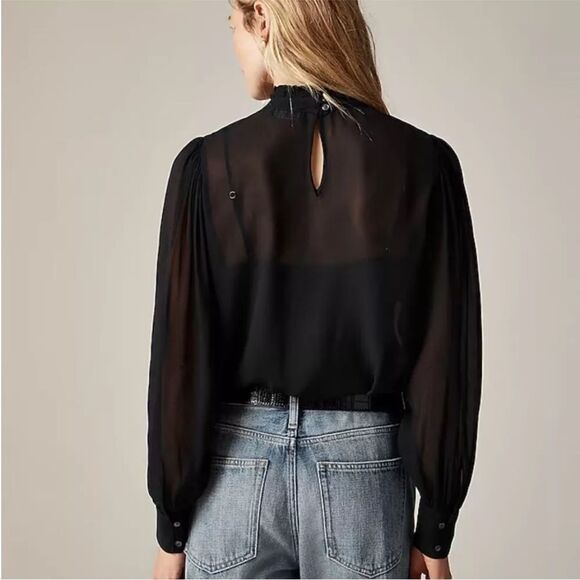 J Crew Top Chiffon Ruffleneck Women’s Black Long Sleeve Lined Sz XS NWT - Picture 2 of 13